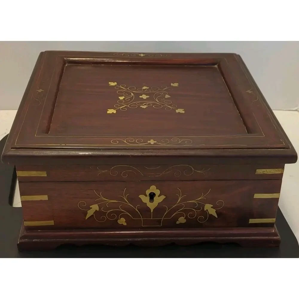 Large Vintage Inlaid Wood Jewelry Chest 10x10 Two-Tier Heart Mirror 9-Comp